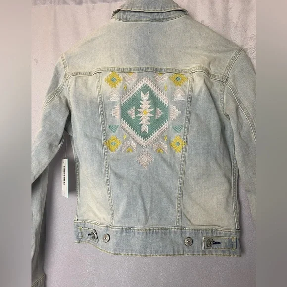 Aztec Faded Denim light blue Boho Festival Jacket with Embroidery XXS - Picture 2 of 5